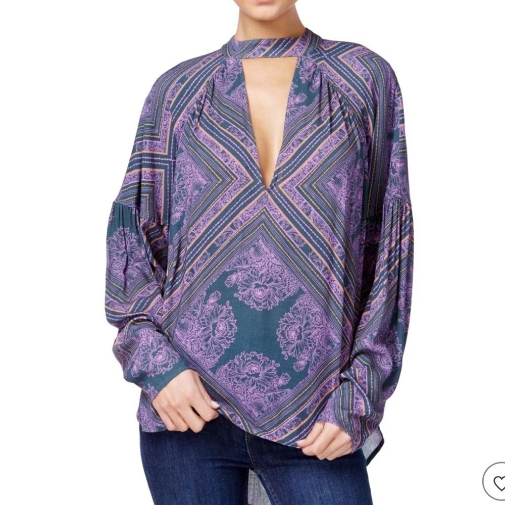 Free People Womens Purple Paisley Geometric Cutout High Neck Tunic Top XS